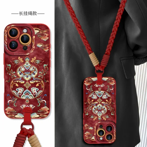 [Crossbody wrist lanyard] Yicai gourd pattern is suitable for Apple 17promax mobile phone case iphone17pro new 17air female 16e super hot 15plus all-inclusive light national style 14 soft 13 - Image 2
