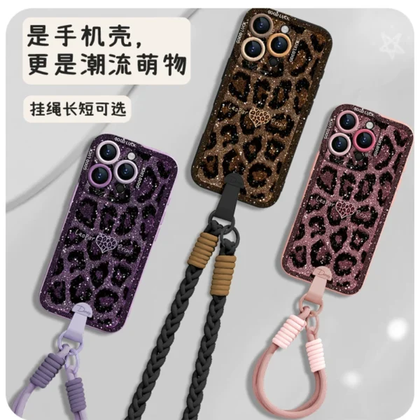 [Crossbody wrist lanyard] Glitter leopard print love heart suitable for Apple 17promax mobile phone case iphone17pro new 17air female 16e super hot 15plus all-inclusive 14 silicone 13 sets - Image 3
