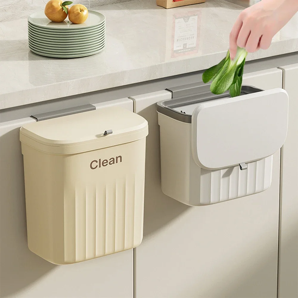 kf-S0973fe4da14f45cfa7d939950d3b59517 Kitchen Trash Can Wall Mounted Hanging Trash Bin With Lid Garbage Can for Cabinet Under Sink Waste Garbage Compost Bin 8.5/12L - Image 1