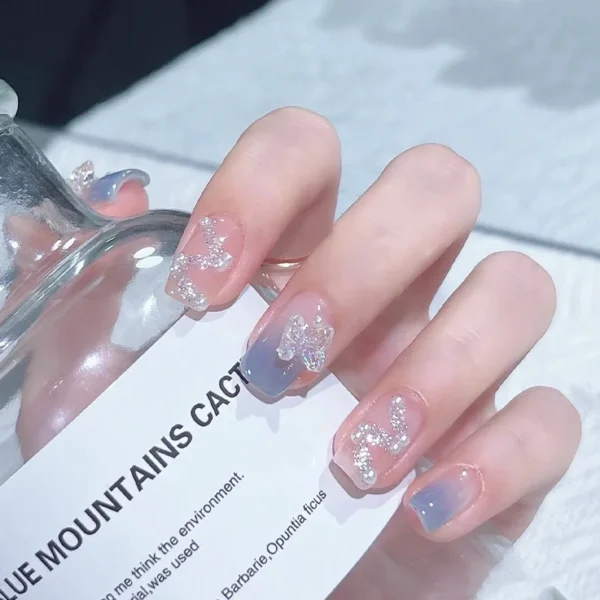 24PCS- Fake Nails Short Detachable Finished Fingernails Sparkling Butterflies Wearable False Nails press on Square Head Full Cov - Image 3