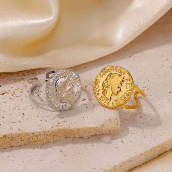 Stainless Steel Round Portrait Open Rings For Women Gold Color Adjustable Wedding Aesthetic Ring Party Fashion Jewerly Gift BFF - Image 5