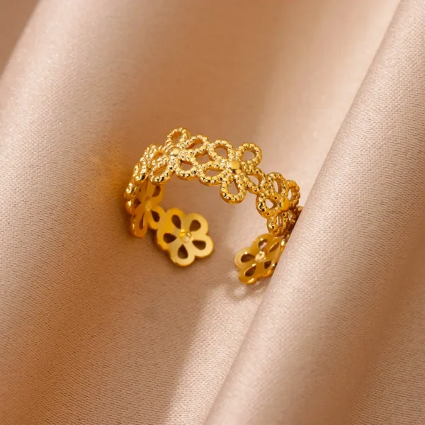 Hollow Flower Rings For Women Gold Color Stainless Steel Adjustable Multi-layer Flower Ring Wedding Aesthetic Jewelry Gift - Image 5