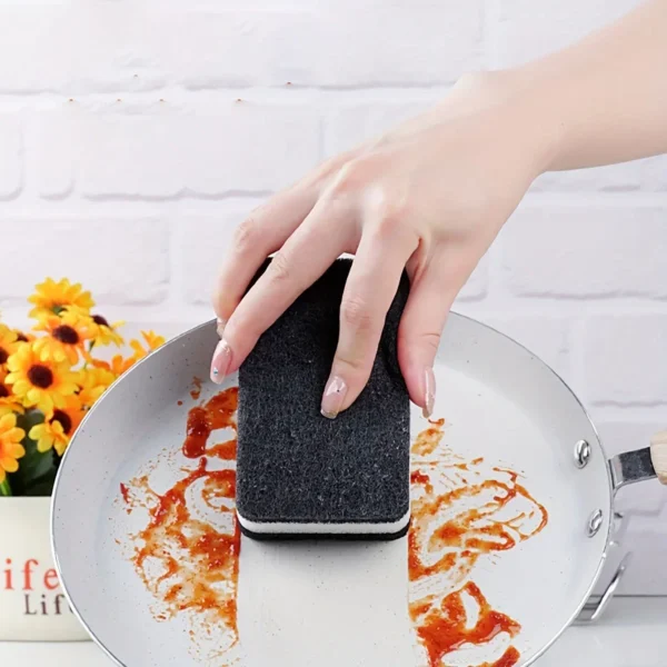Thickened Double-sided Dishwashing Sponge Black Sandwiched White Stain Removal Scouring Cloth Cleaning of Pots Bowls Sinks Rag - Image 2