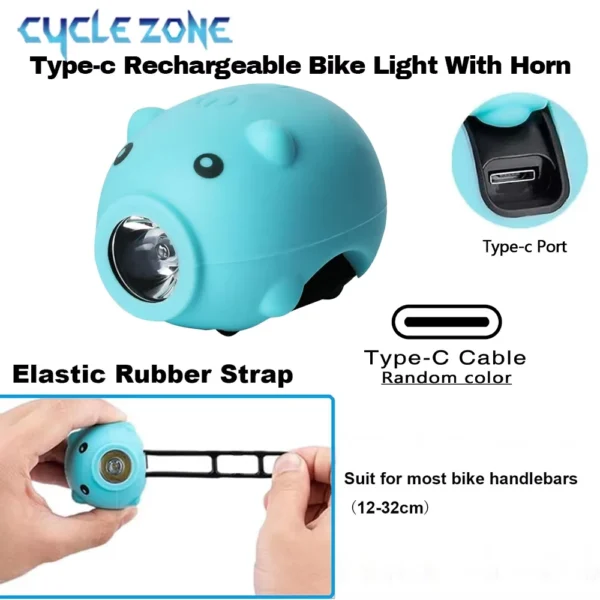 Cute Pig Bicycle Lights Rechargeable Bike Front Light Headlight Night Riding Children Cartoon Pig Lights for Electric Scooter - Image 4