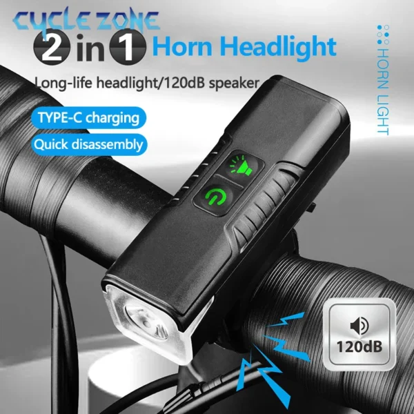 2-in-1 Bicycle Horn Light TYPE-C Rechargeable Bike Headlight Flashlight Bicycle Bell Lantern MTB Front Lamp Cycling Accessories - Image 1