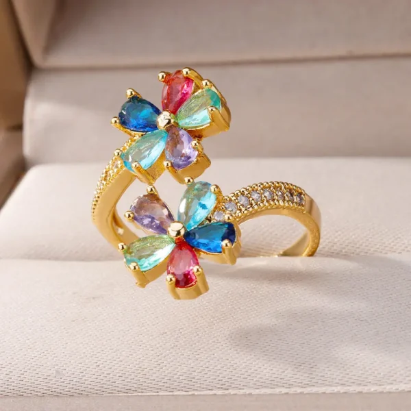 Colored Zircon Double Flower Rings For Women Gold Plated Stainless Steel Flower Opening Ring Wedding Aesthetic Jewelry Gift 2023 - Image 3