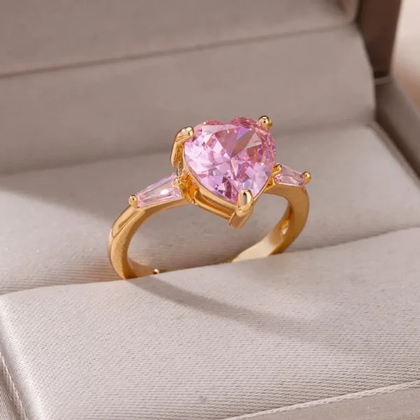 Pink Zircon Heart Rings For Women Gold Plated Stainless Steel Adjustable Heart Ring 2023 Trend Wedding Aesthetic Jewelry Gift - Image 2