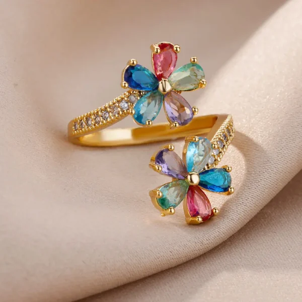 Colored Zircon Double Flower Rings For Women Gold Plated Stainless Steel Flower Opening Ring Wedding Aesthetic Jewelry Gift 2023 - Image 4