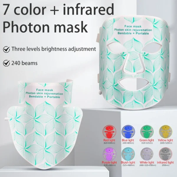 7 Colors + Infrared LED Face Mask and Neck Red Light Therapy Anti Aging Wrinkle Acne Pore Oil Control Skin Tighten Whiten - Image 5