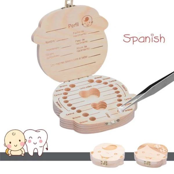 1pc-Baby Tooth Box Spanish Wooden Kids Milk Teeth Organizer Storage Boys Girls Baby Souvenirs Gifts Keepsakes - Image 2