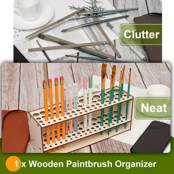 67-Slot Premium Wooden Brush Double-layer Holder Durable Artist Desk Organizer Pencil Paint Brushes Storage Art Craft - Image 3