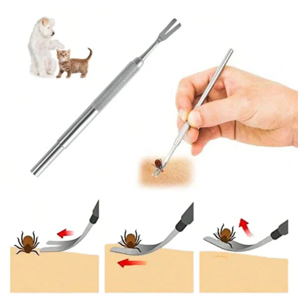 1pc-Stainless steel tick fork removal tool - effective pet flea and tick removal tweezers for dog care and cleaning - Image 3