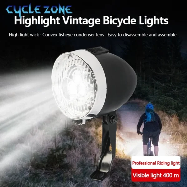 Vintage Bicycle Front Light 3 LED Bike Headlight MTB Flashlight Retro Design Cycling Head Lamp for Night Riding Black Silver - Image 4