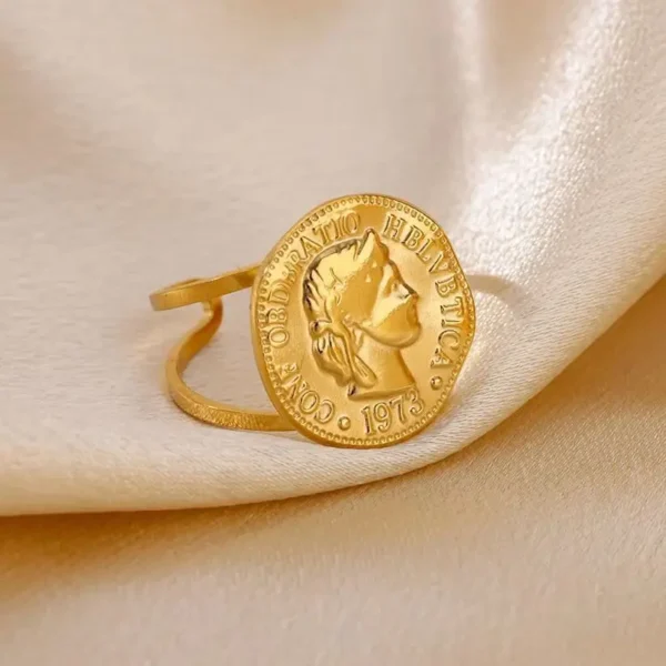 Stainless Steel Round Portrait Open Rings For Women Gold Color Adjustable Wedding Aesthetic Ring Party Fashion Jewerly Gift BFF - Image 3