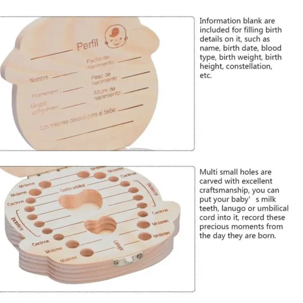 1pc-Baby Tooth Box Spanish Wooden Kids Milk Teeth Organizer Storage Boys Girls Baby Souvenirs Gifts Keepsakes - Image 4