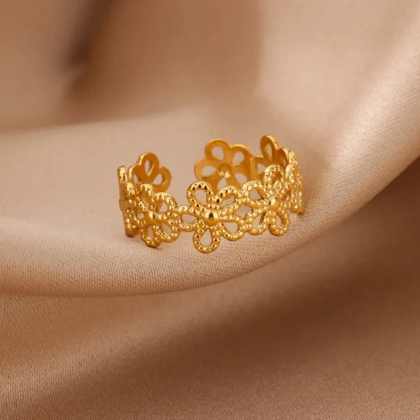 Hollow Flower Rings For Women Gold Color Stainless Steel Adjustable Multi-layer Flower Ring Wedding Aesthetic Jewelry Gift - Image 2