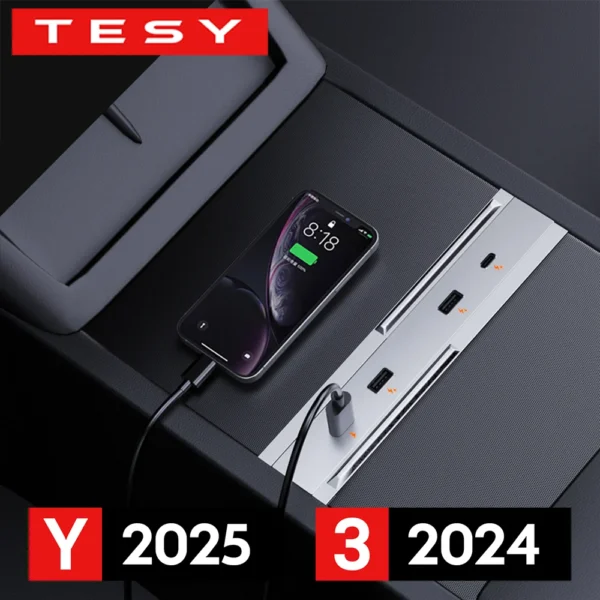 For Tesla Model Y Juniper 2025 Launch Model 3 Highland 2024 65W Expansion Dock Central Control Charging Shunt USB HUB Extender - Image 1
