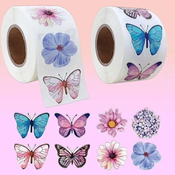 kf-S7dd61a8894c84a7fabdc263a337ae9d45 500Pcs/Roll Vivid Butterfly Flowers Stickers 2.5cm/1.0inch Diy Decals Decor Use to Adorn Gifts Notebook Kettle Phone Seal Labels - Image 1