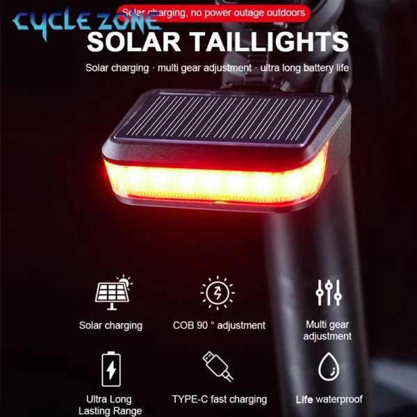 Bicycle Taillight Solar Energy Rechargeable Cycling Rear Lights MTB Road Mountain Bike Tail Light Night Cycling Safety Red Lamp - Image 2