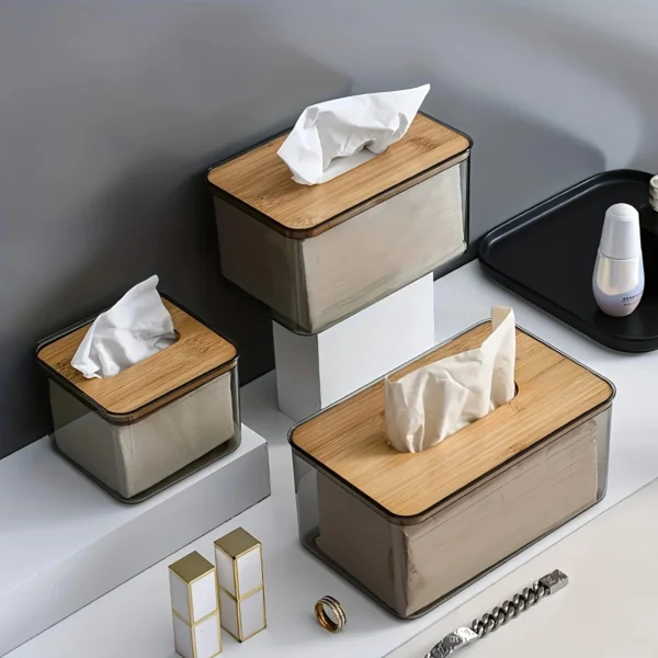 1pc-Multifunctional Tissue Holder Paper Box With Bamboo Cover Transparent Container Living Room Bedroom Tissue Storage Box - Image 7