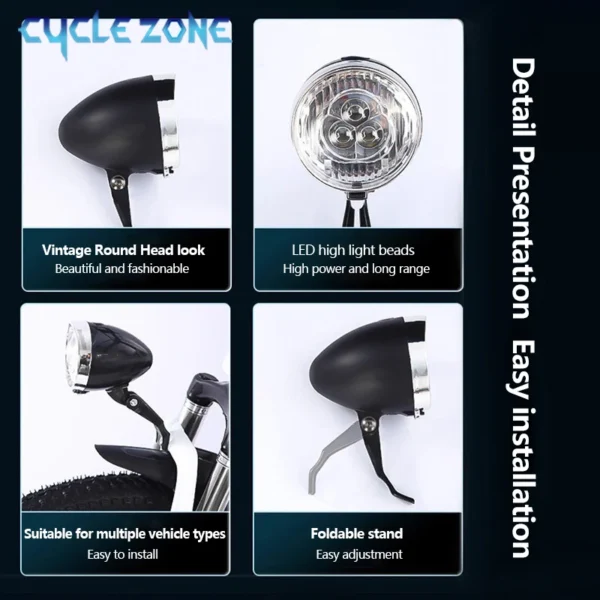 Vintage Bicycle Front Light 3 LED Bike Headlight MTB Flashlight Retro Design Cycling Head Lamp for Night Riding Black Silver - Image 2