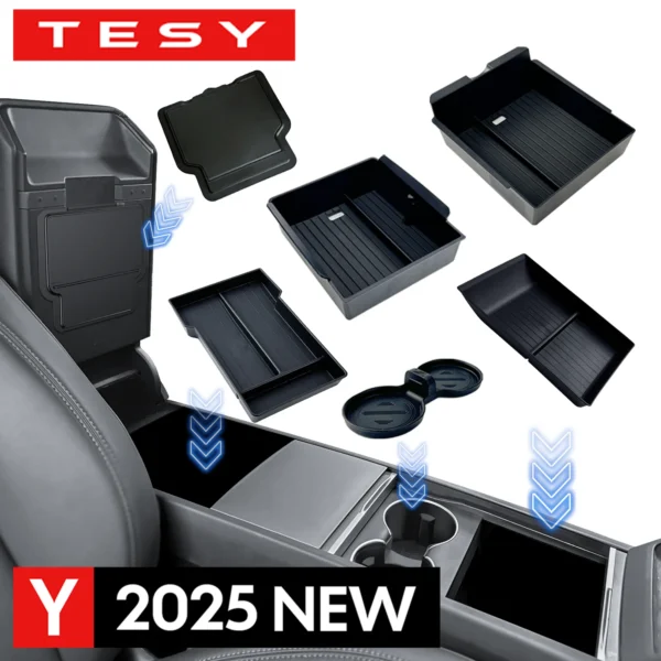 Console & Armrest Storage Box For Tesla New Model Y 2025 Juniper Launch ABS with Silicone Non-slip Mat Upper and Lower Watercup - Image 1