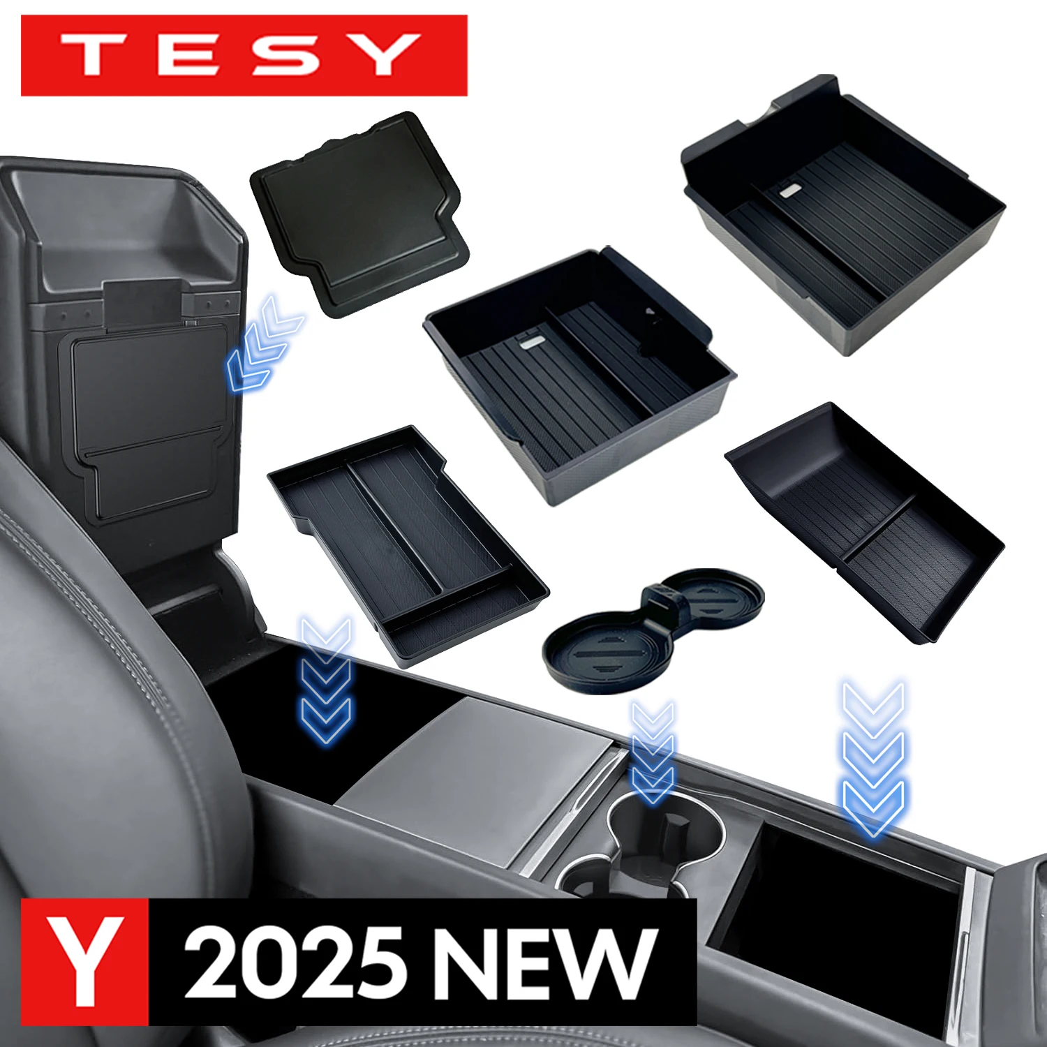 kf-S9feae137dbcb4d60949186890435d848g Console & Armrest Storage Box For Tesla New Model Y 2025 Juniper Launch ABS with Silicone Non-slip Mat Upper and Lower Watercup - Image 1
