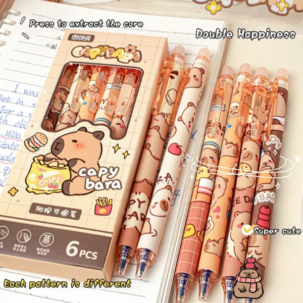 Cute Capybara Gel Pens - 6Pcs Kawaii Quick-Drying Blue Erasable Pen Set for Office, School & Aesthetic Stationery - Image 4