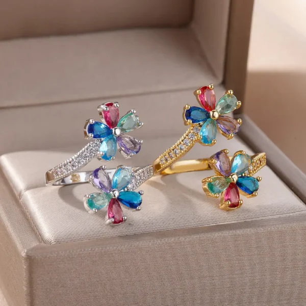 Colored Zircon Double Flower Rings For Women Gold Plated Stainless Steel Flower Opening Ring Wedding Aesthetic Jewelry Gift 2023 - Image 6