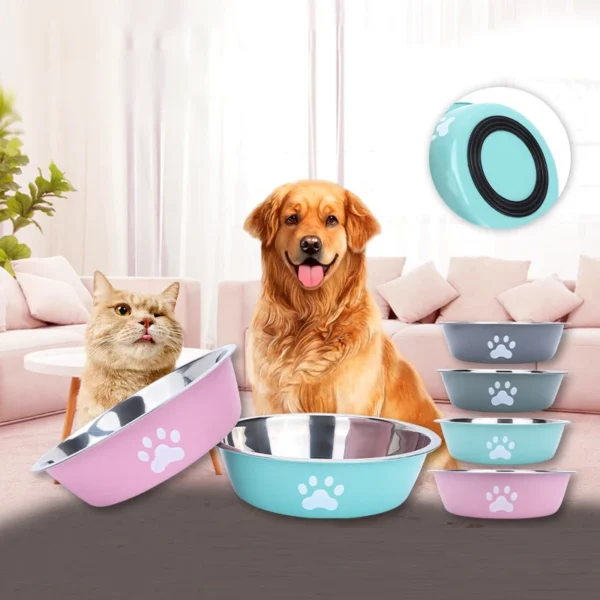 New stainless steel dog basin paw print pet supplies cat bowl dog bowl silicone anti-slip design pet drinking water feeding bowl - Image 7