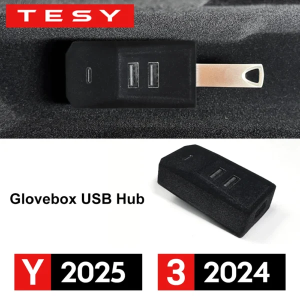 Glovebox USB Hub For Tesla New Model Y Launch Juniper 2025 Model 3 Highland 2024 Type-C Port Splitter Docking Station Data - Image 1