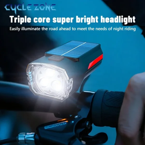 Solar Bicycle Light Bike Front Lamp TYPE-C Rechargeable Cycling Flashlight 3 Lighting Modes Bicycle Headlight for Night Riding - Image 1