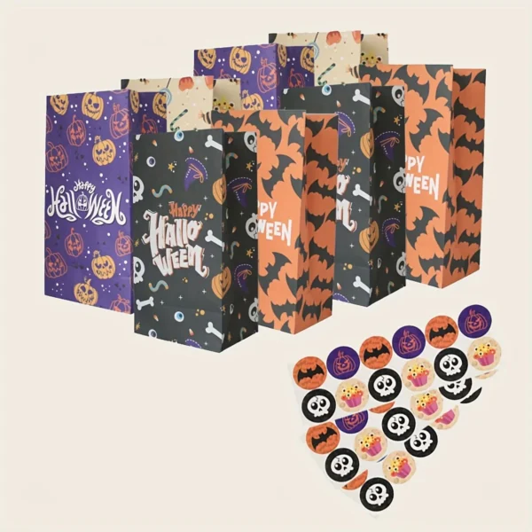 24pcs-Halloween Kraft Paper Gift Bags - for Party FavorsTrick or TreatBirthday, and Craft Supplies -24 bags+24 circular stickers - Image 2