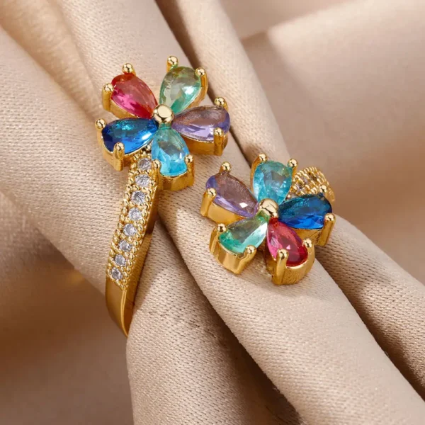 Colored Zircon Double Flower Rings For Women Gold Plated Stainless Steel Flower Opening Ring Wedding Aesthetic Jewelry Gift 2023 - Image 5