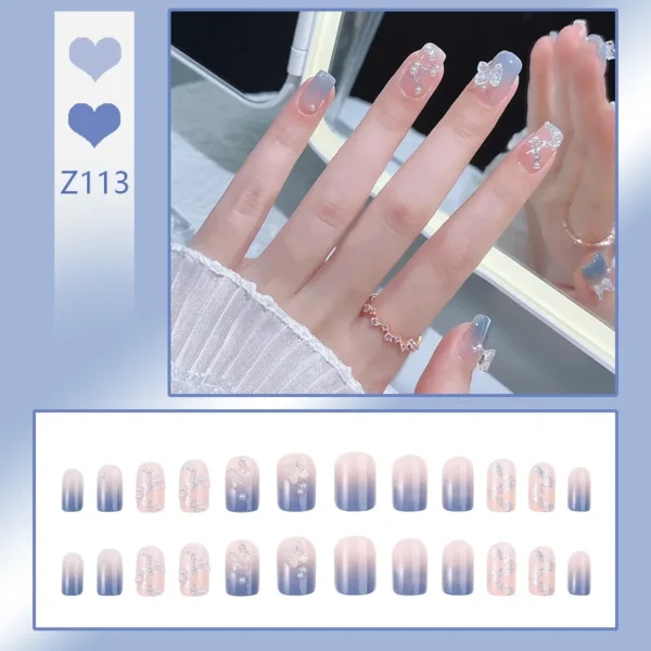 24PCS- Fake Nails Short Detachable Finished Fingernails Sparkling Butterflies Wearable False Nails press on Square Head Full Cov - Image 2
