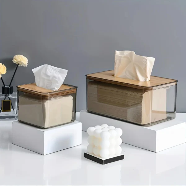 1pc-Multifunctional Tissue Holder Paper Box With Bamboo Cover Transparent Container Living Room Bedroom Tissue Storage Box - Image 2