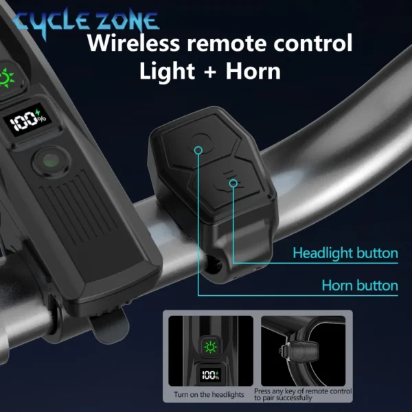 Smart Bicycle Front Light Rechargeable Bike Headlight with Horn Wireless Remote Control Bicycle Flashlight for Night Riding - Image 3