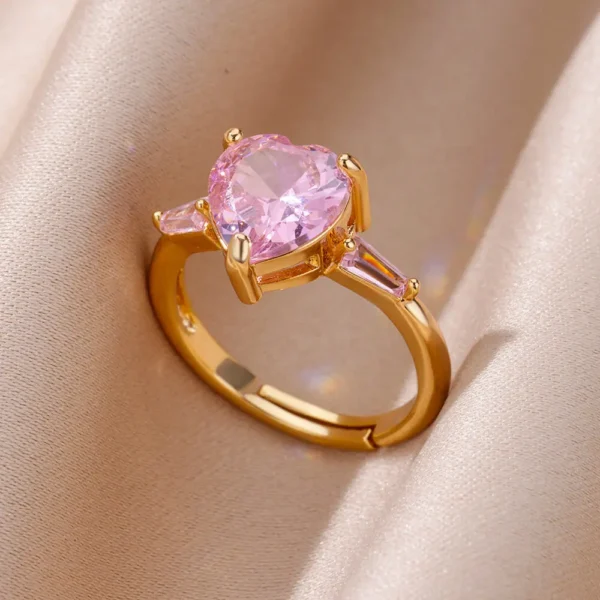 Pink Zircon Heart Rings For Women Gold Plated Stainless Steel Adjustable Heart Ring 2023 Trend Wedding Aesthetic Jewelry Gift - Image 1