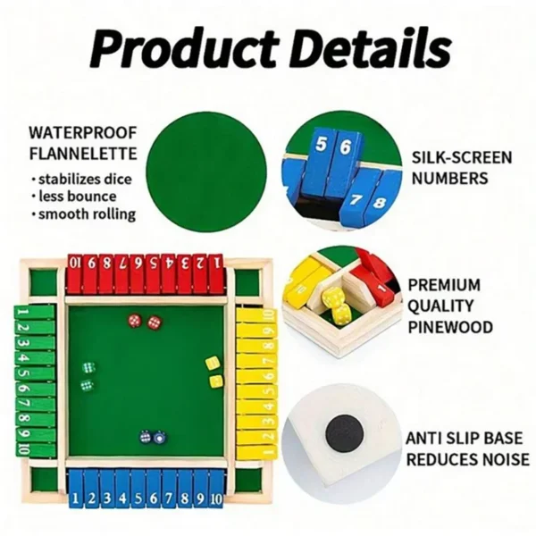 Classic 4 Sided Wooden Board Game With 2 Dice And Shut-The-Box Instructions, Classics Tabletop Version And Pub Board Game - Image 3
