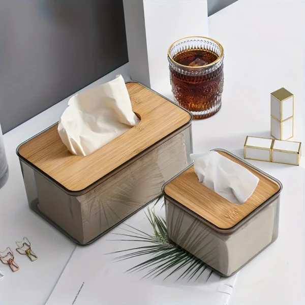 1pc-Multifunctional Tissue Holder Paper Box With Bamboo Cover Transparent Container Living Room Bedroom Tissue Storage Box - Image 4