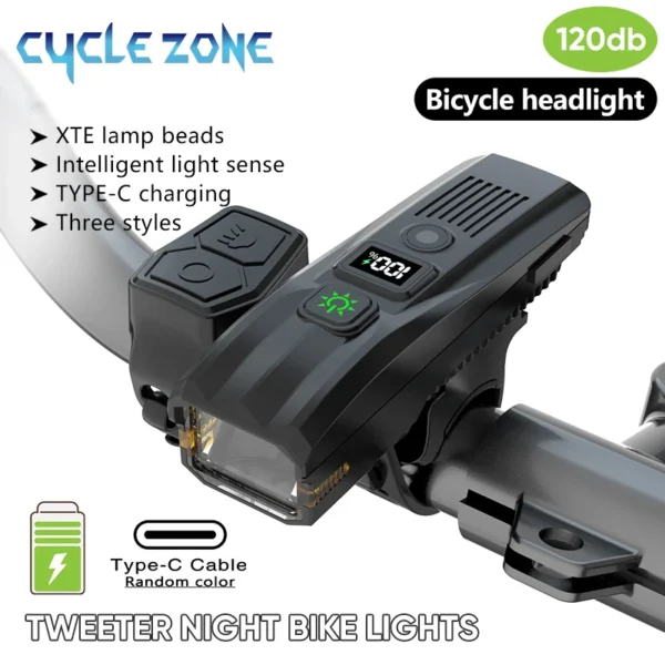 Smart Bicycle Front Light Rechargeable Bike Headlight with Horn Wireless Remote Control Bicycle Flashlight for Night Riding - Image 1