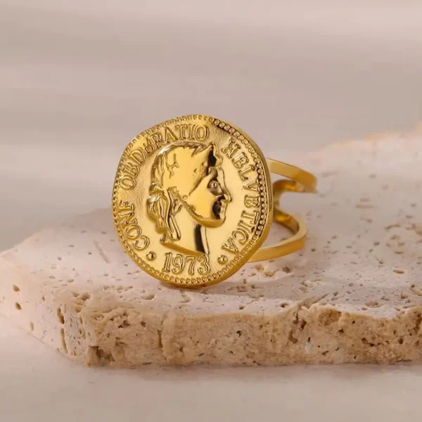 Stainless Steel Round Portrait Open Rings For Women Gold Color Adjustable Wedding Aesthetic Ring Party Fashion Jewerly Gift BFF - Image 2