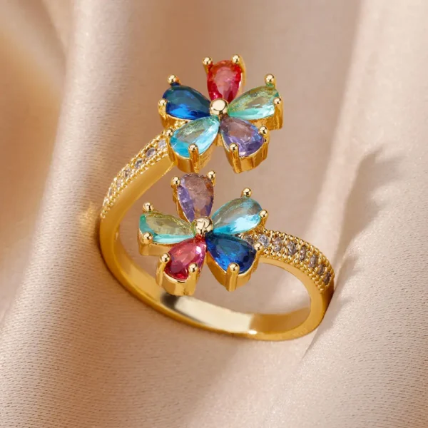 Colored Zircon Double Flower Rings For Women Gold Plated Stainless Steel Flower Opening Ring Wedding Aesthetic Jewelry Gift 2023 - Image 2