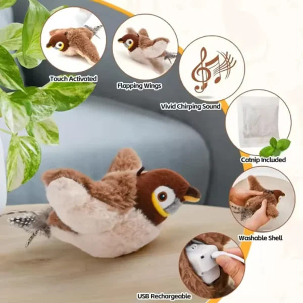 Cat Toy Interactive Flapping Bird with Catnip Rechargeable Simulation Bird Cat Toys Touch Activated Fluffy Plush Toys for Cats - Image 4