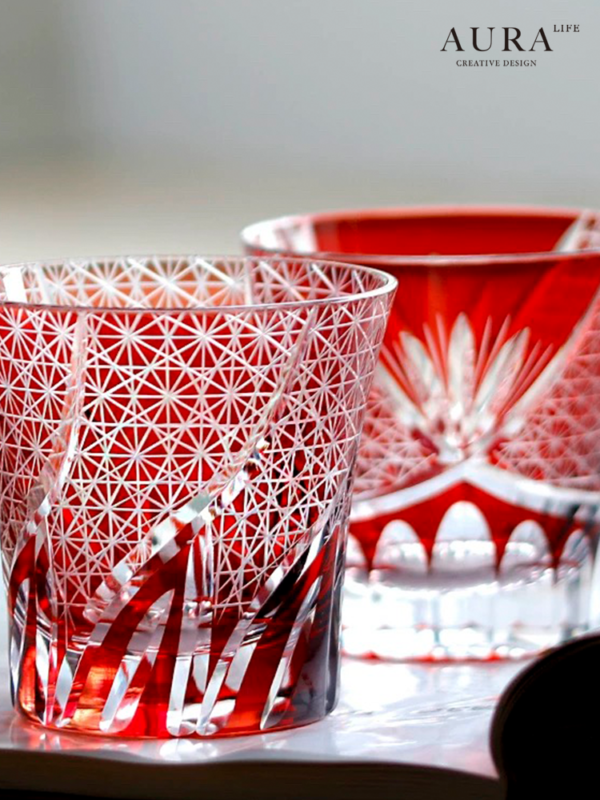 AURA'S Edo Kiriko red chrysanthemum wine glass Japanese handmade crystal glass foreign wine glass whiskey glass - Image 4