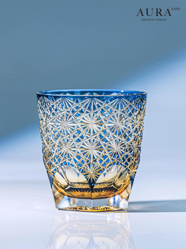 AURA'S Edo Kiriko blue daisy crystal glass high-end hand-carved whiskey glass wine gift cup - Image 4