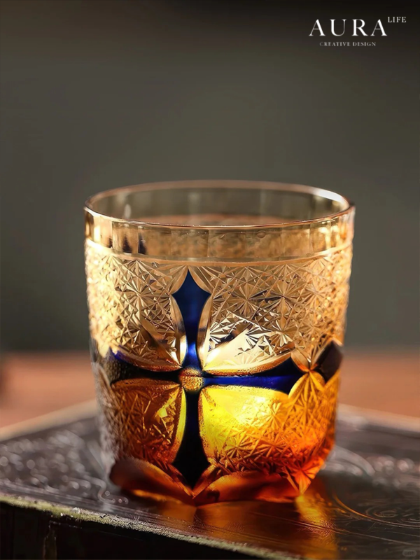 AURA'S niche high-end blue daisy light luxury gold nail hand-carved amber cross whiskey glass - Image 5