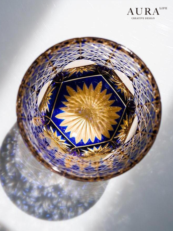 AURA'S Edo Kiriko blue daisy crystal glass high-end hand-carved whiskey glass wine gift cup - Image 3