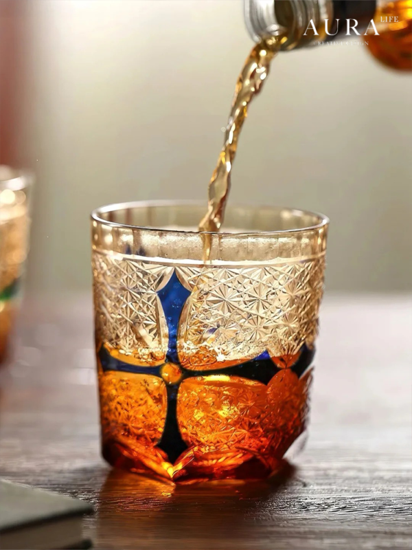 AURA'S niche high-end blue daisy light luxury gold nail hand-carved amber cross whiskey glass - Image 4