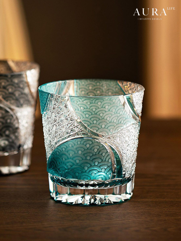 AURA'S Edo Kiriko ink blue cloud hand-carved crystal cup Qinghai wave whiskey glass gift box - Image 3